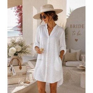Sigrid Olsen White Linen Tunic Dress Women M Bridal Beach Bachelorette Button